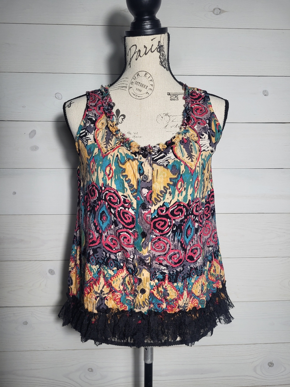 Angie Women's Top Abstract BOHO Lace-Trim Layering Scoop Neck Sleeveless.